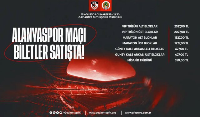 GAZiANTEP FK-ALANYASPOR MAÇININ BiLETLERi SATIŞTA!